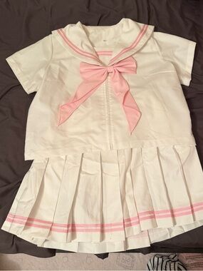 JK Kawaii White Mini Sailor Dress with Pink Trim and Bow